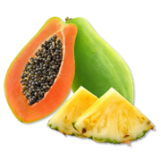 Papaya cut in half with a pineapple wedge on a white background