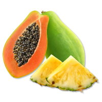 Papaya cut in half with a pineapple wedge on a white background