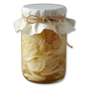 Jar of pickled onions with a white lid and twine on a white background