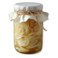 Jar of pickled onions with a white lid and twine on a white background