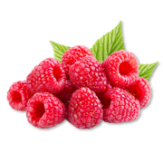 Red raspberries with green leaves on a white background