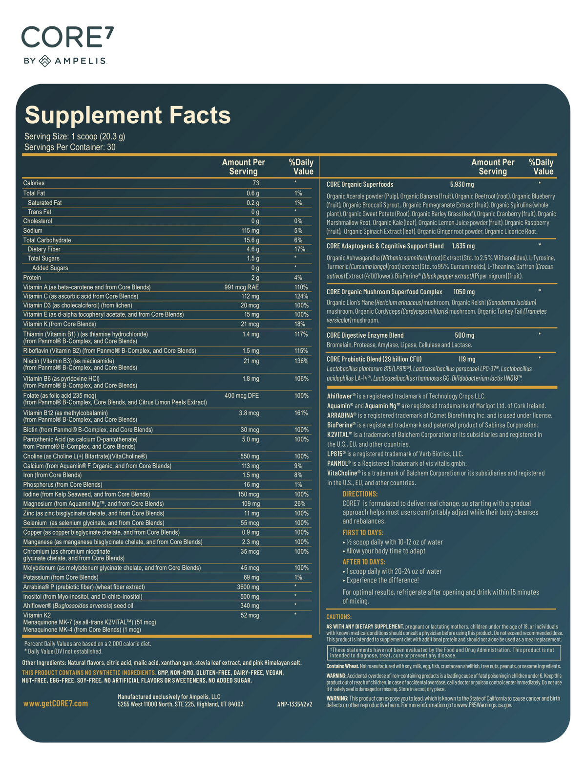 CORE7 Supplement Facts label